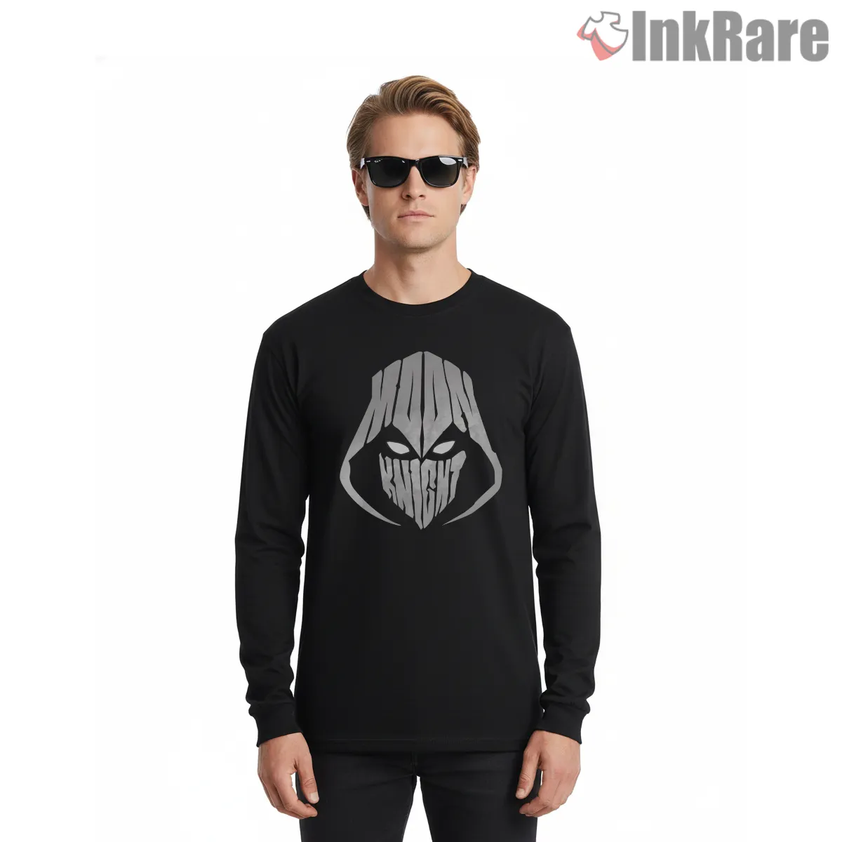 Moon Knight Mask Icon Minimal Dark Symbol Shirt on black long sleeve shirt for men graphic tee