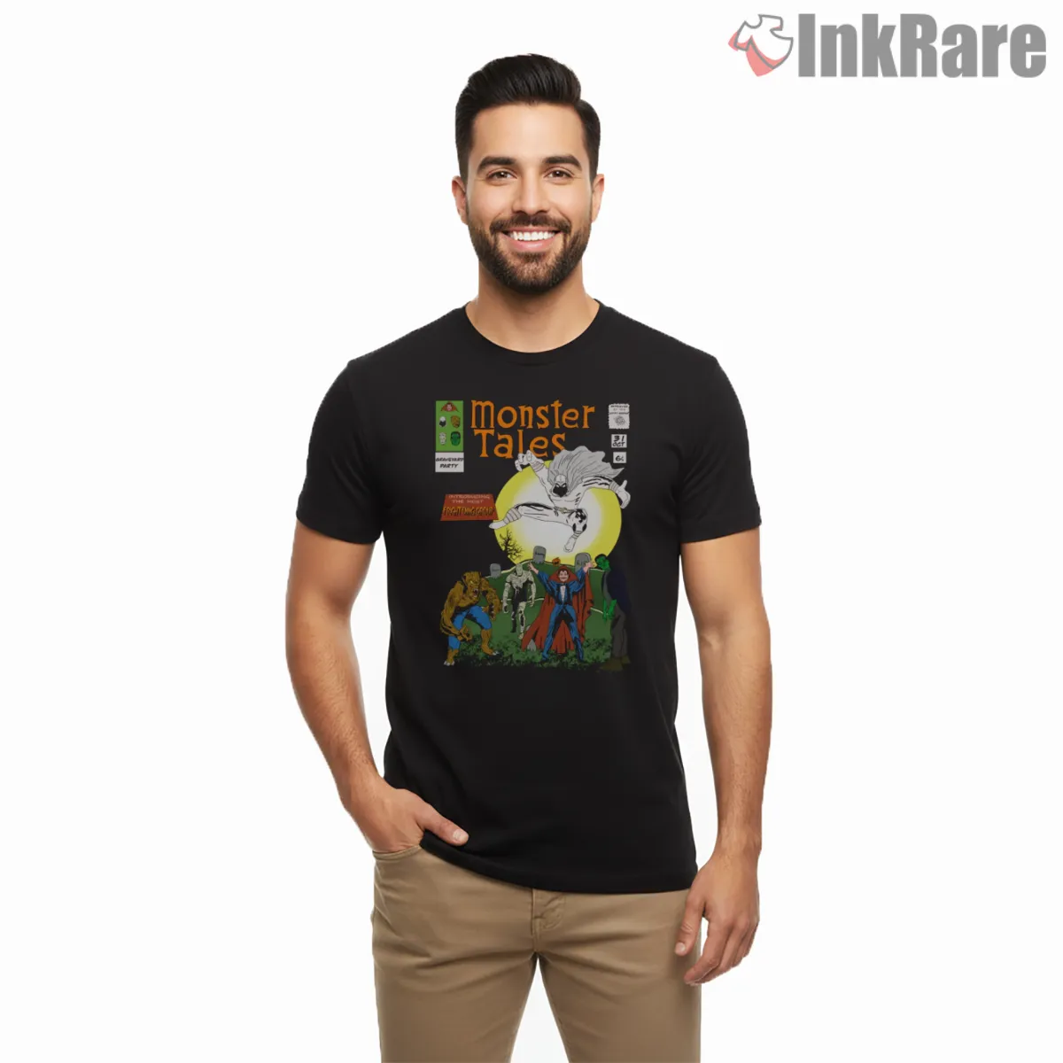Moon Knight Monster Tales Vintage Comic Cover Shirt on black short sleeve shirt for men graphic tee
