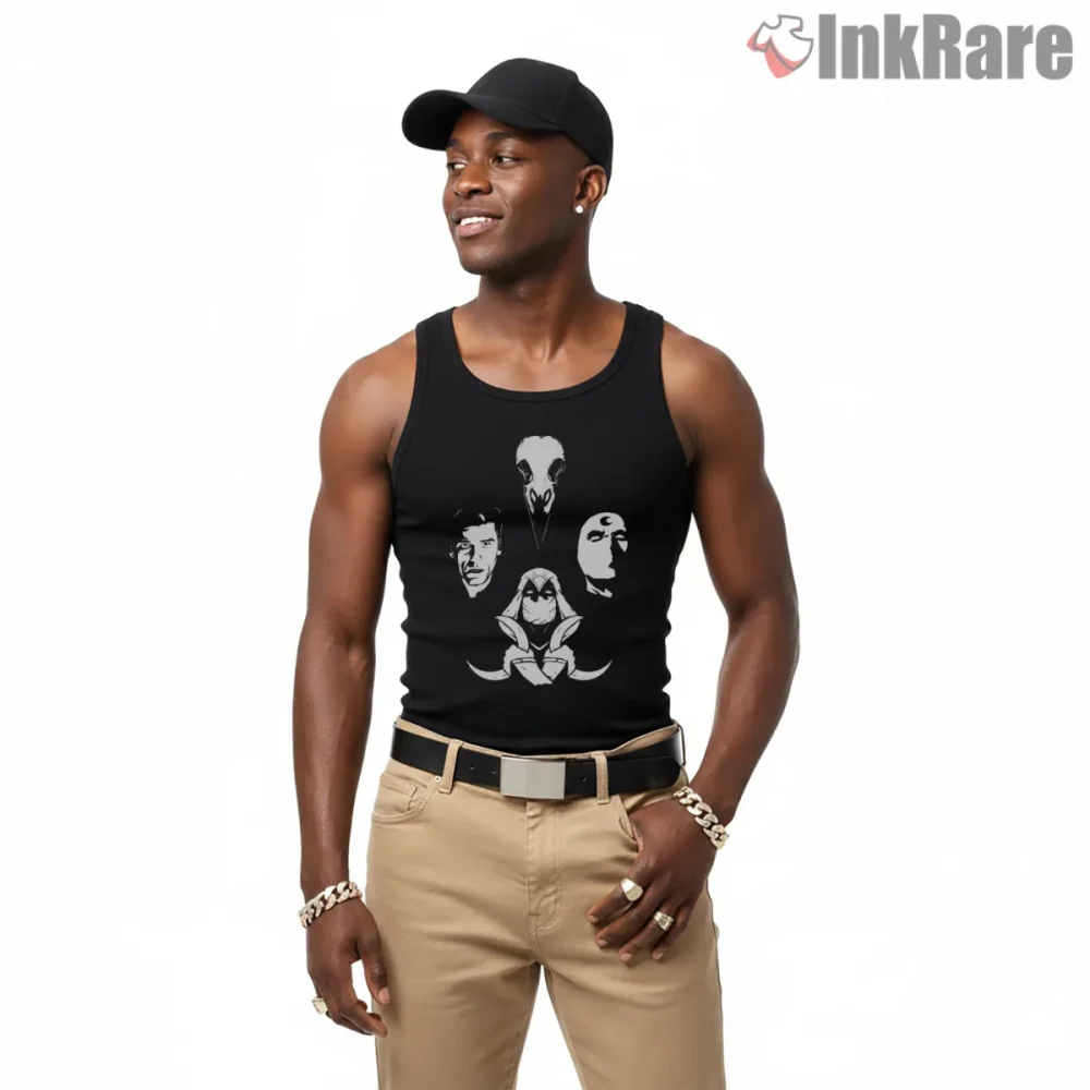 Moon Knight Multiple Identities Dark Portrait Shirt on black tank top for men graphic tee