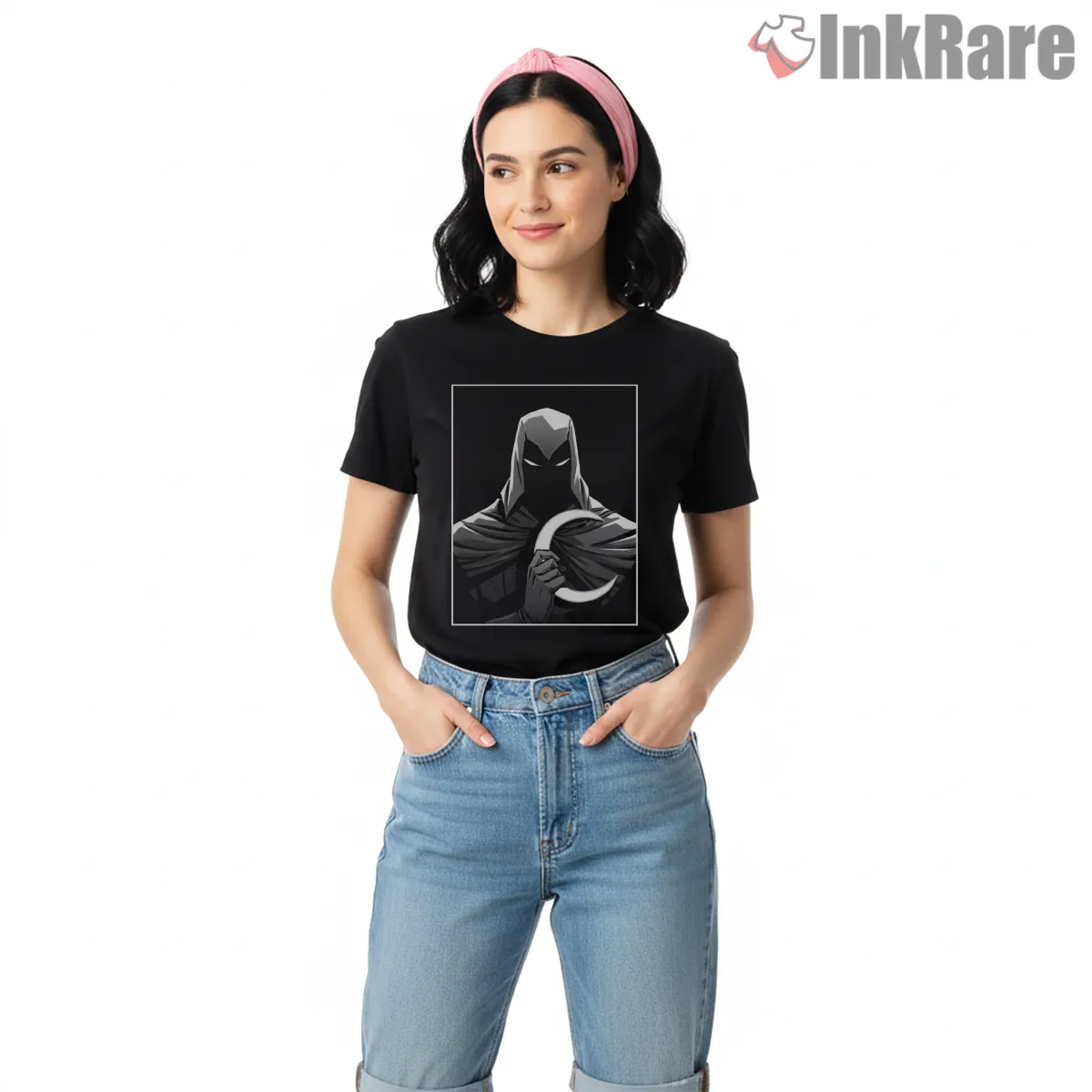 Moon Knight Shadow Hood Minimal Portrait Shirt on black short sleeve shirt for women graphic tee