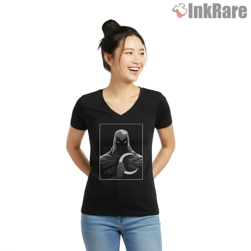 Moon Knight Shadow Hood Minimal Portrait Shirt on black v-neck shirt for women graphic tee