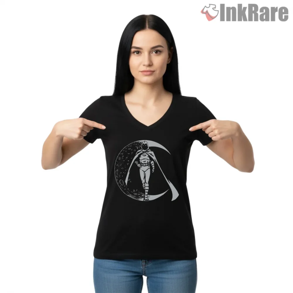 Moon Knight Specter Crescent Minimal Dark Shirt on black v-neck shirt for women graphic tee