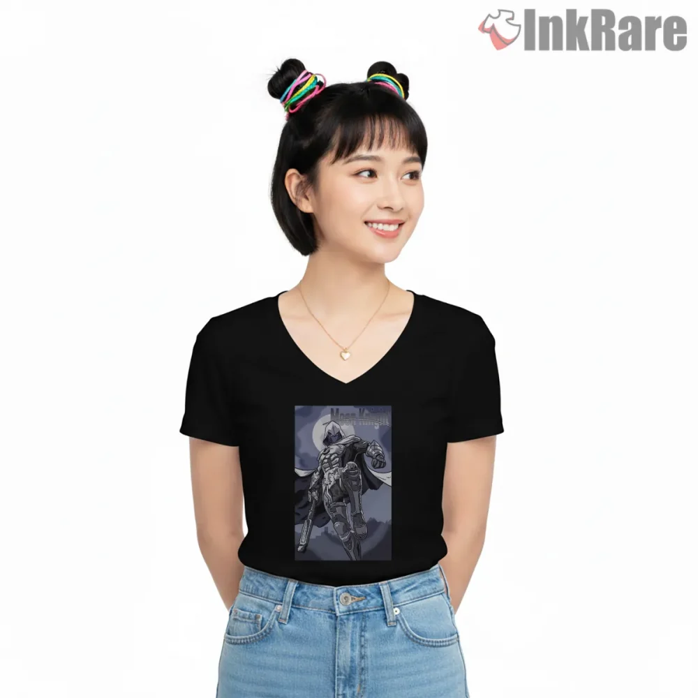 Moon Knight Tactical Armor Modern Comic Shirt on black v-neck shirt for women graphic tee