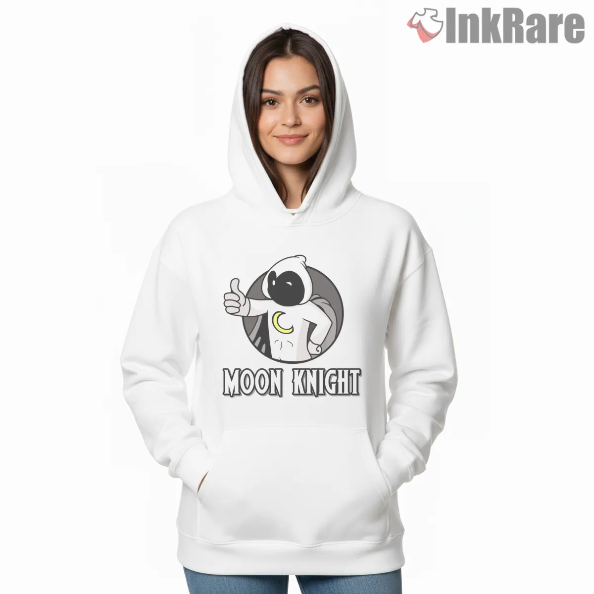 Moon Knight Thumbs Up Cute Minimal Cartoon Shirt on white hoodie for women graphic tee