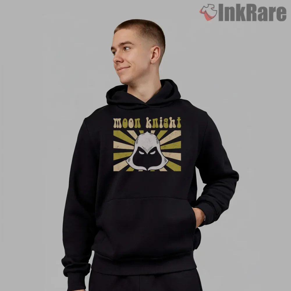 Moon Knight Vengeful Sunburst Retro Graphic Shirt on black hoodie for men graphic tee