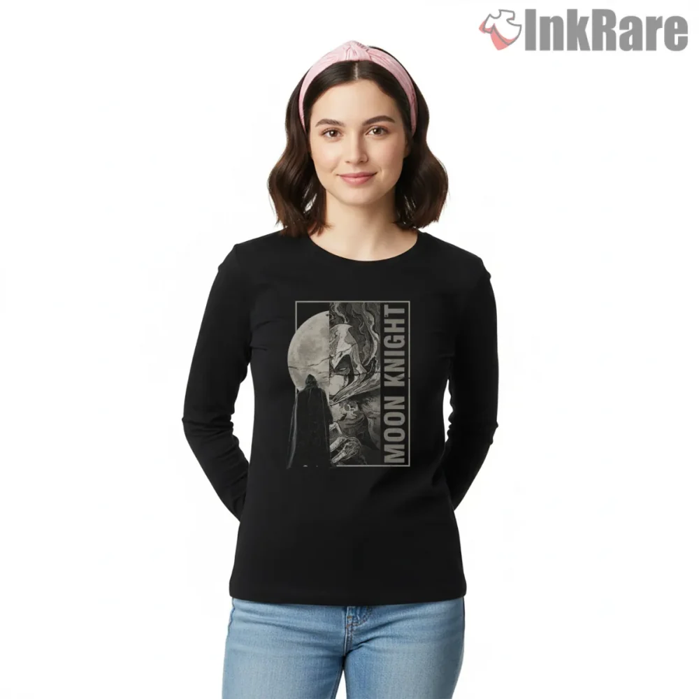 Moon Knight Vintage Split Moon Retro Art Shirt on black long sleeve shirt for women graphic tee