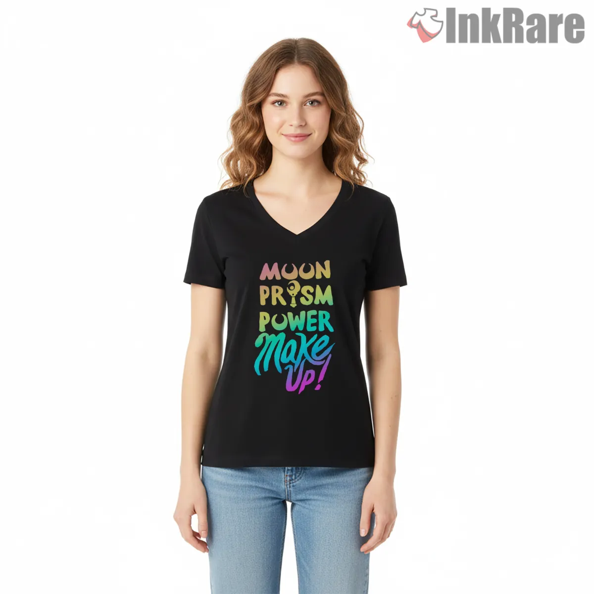 Moon Prism Power Bold Typography Statement V Neck Black Moon Prism Power Bold Typography Statement Shirt on black v-neck shirt for women graphic tee