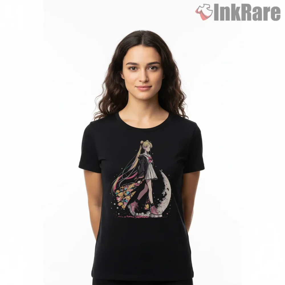 Moonlit Floral Dream Magical Girl Shirt on black short sleeve shirt for women graphic tee