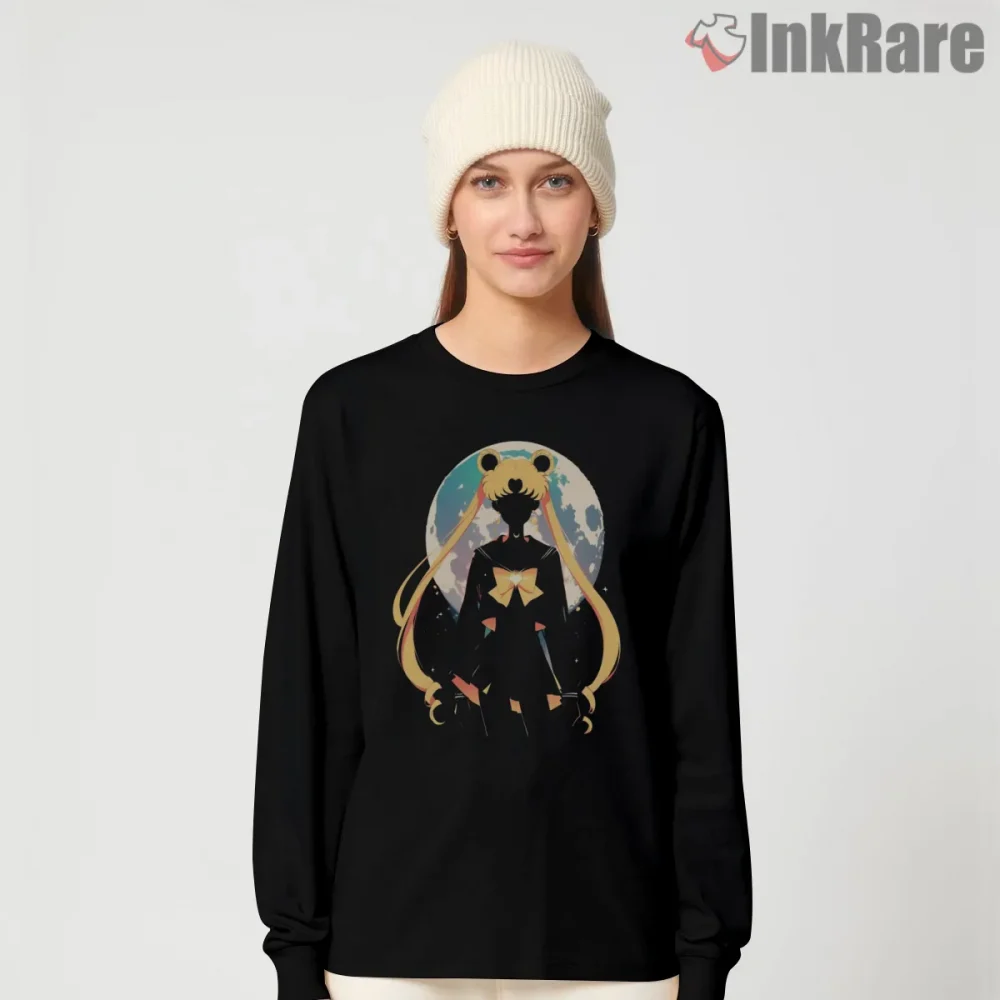 Moonlit Guardian Silhouette Aesthetic Shirt on black long sleeve shirt for women graphic tee
