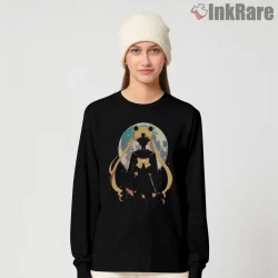 Moonlit Guardian Silhouette Aesthetic Shirt on black long sleeve shirt for women graphic tee