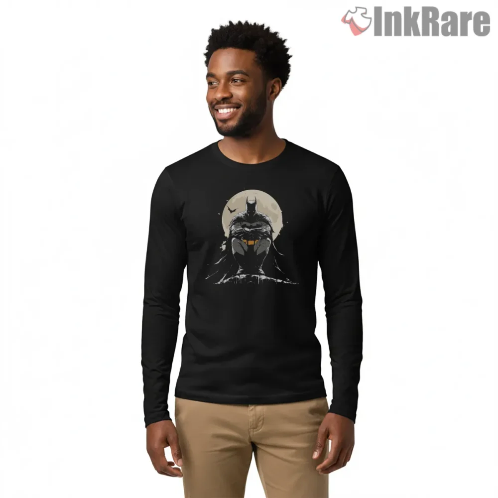 Moonlit Rooftop Vigil Batman Shirt on black long sleeve shirt for men graphic tee