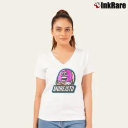 Women’s Morejstu Logo Birthday Gift V-Neck Tee in white | Chic Neckline, Soft Texture