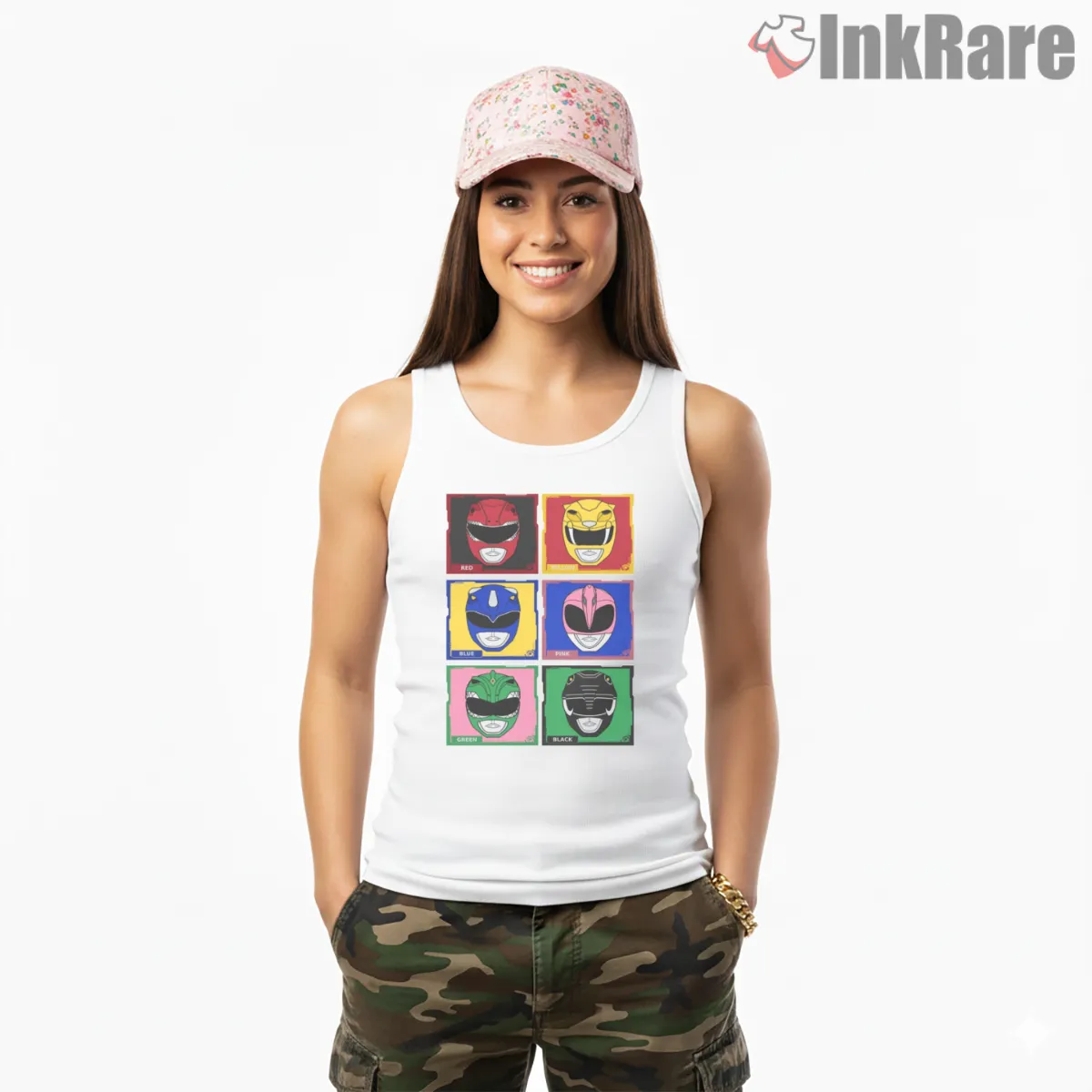 Morphin Grid Pop Art Helmet Squares Shirt on white tank top for women graphic tee