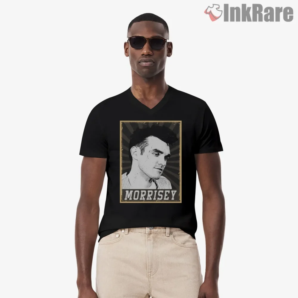 Morrissey 80s Portrait Starburst Indie Icon Shirt on black v-neck shirt for men graphic tee