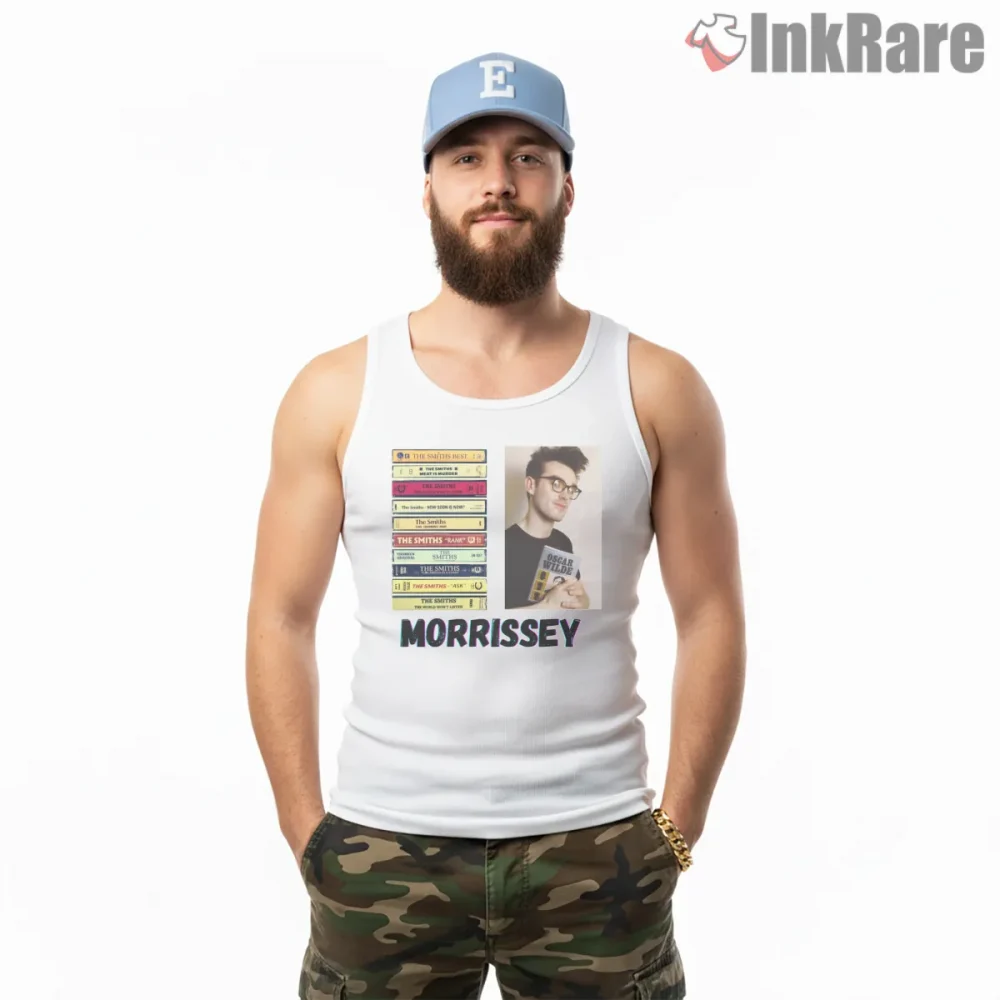 Morrissey Cassette Stack 80s Indie Fan Art Shirt on white tank top for men graphic tee