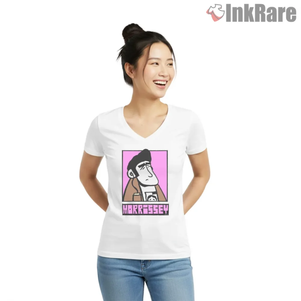 Morrissey Pop Art Portrait Bold Color Indie Icon Shirt on white v-neck shirt for women graphic tee