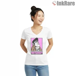 Morrissey Pop Art Portrait Bold Color Indie Icon Shirt on white v-neck shirt for women graphic tee