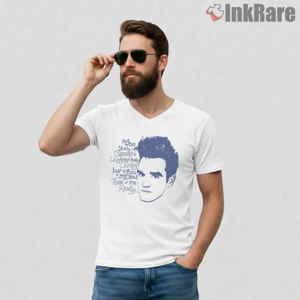 Morrissey Portrait Handwritten Lyrics Indie Icon Shirt on white v-neck shirt for men graphic tee