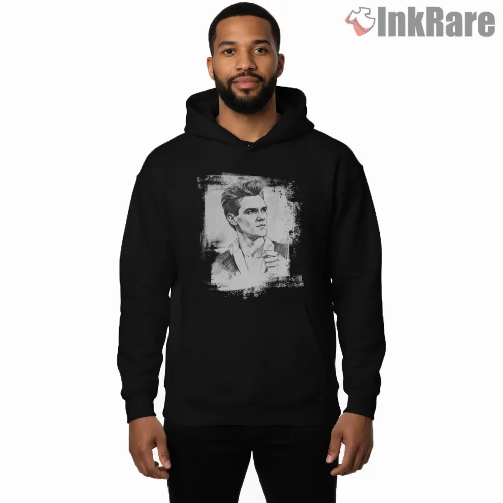 Morrissey Sketch Portrait Textured Indie Icon Shirt on black hoodie for men graphic tee