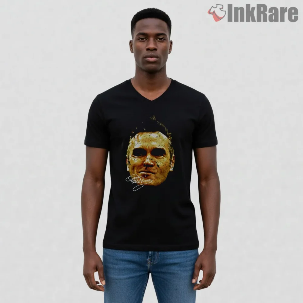 Morrissey Vintage 90s Portrait Indie Icon Textured Shirt on black v-neck shirt for men graphic tee