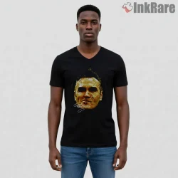 Morrissey Vintage 90s Portrait Indie Icon Textured Shirt on black v-neck shirt for men graphic tee