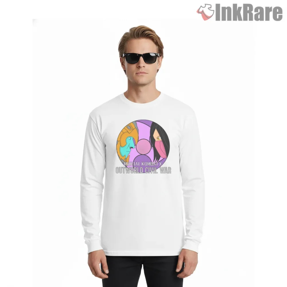 Mortal Kombat Civil War Split Face Rivalry Shirt on white long sleeve shirt for men graphic tee
