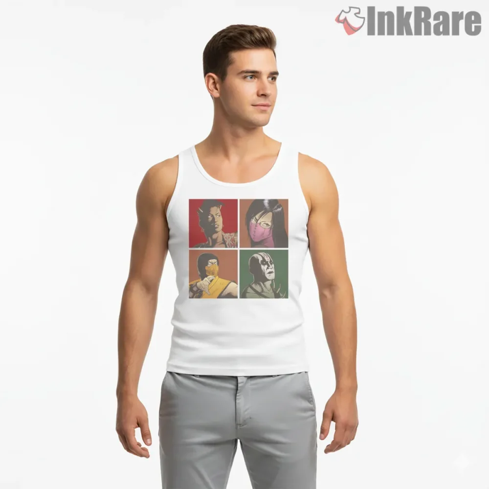 Mortal Kombat Classic Fighters Pop Portrait Grid Shirt on white tank top for men graphic tee