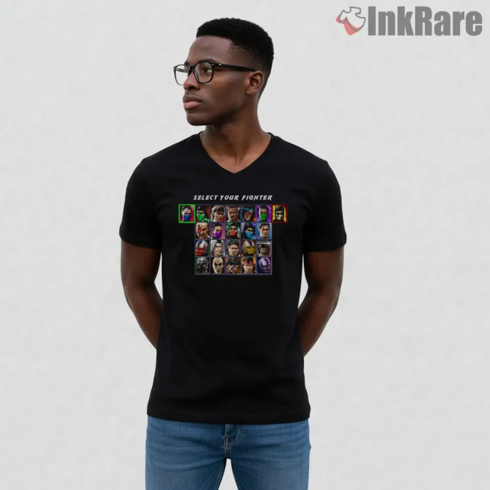 Mortal Kombat Classic Select Your Fighter Arcade Shirt on black v-neck shirt for men graphic tee