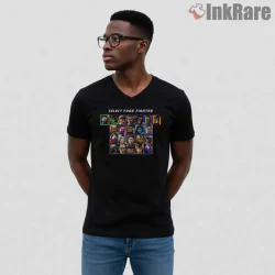 Mortal Kombat Classic Select Your Fighter Arcade Shirt on black v-neck shirt for men graphic tee