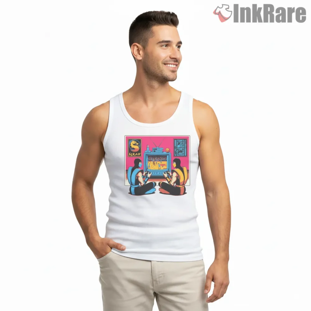 Mortal Kombat Couch Co Op Arcade Nostalgia Shirt on white tank top for men graphic tee