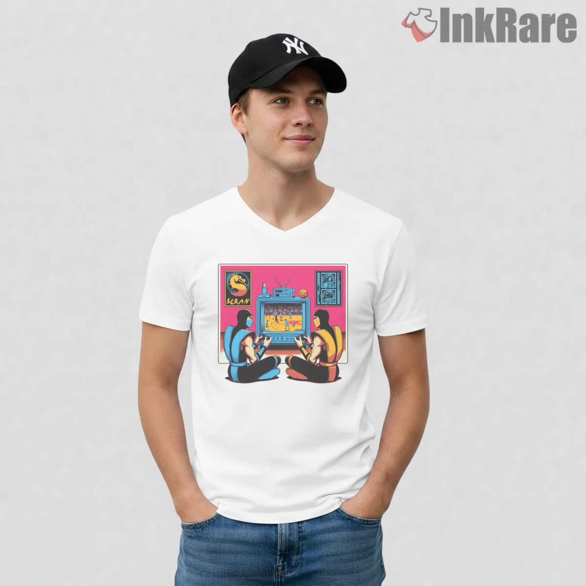 Mortal Kombat Couch Co Op Arcade Nostalgia V Neck White Mortal Kombat Couch Co Op Arcade Nostalgia Shirt on white v-neck shirt for men graphic tee