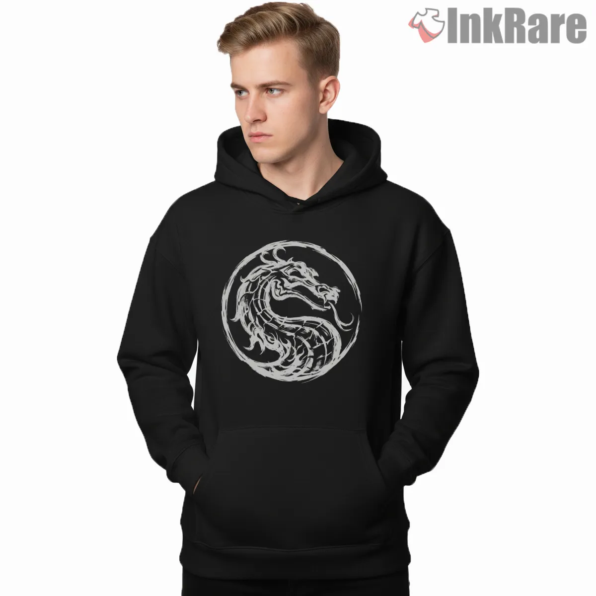 Mortal Kombat Dragon Emblem Minimal Ink Shirt on black hoodie for men graphic tee