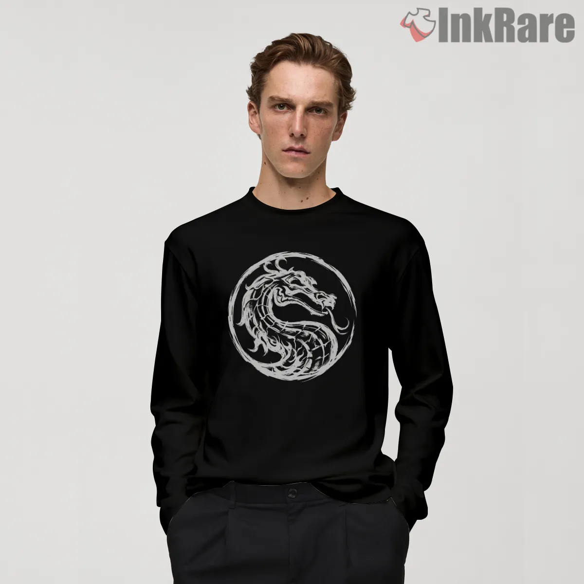Mortal Kombat Dragon Emblem Minimal Ink Long Sleeve Black Mortal Kombat Dragon Emblem Minimal Ink Shirt on black long sleeve shirt for men graphic tee