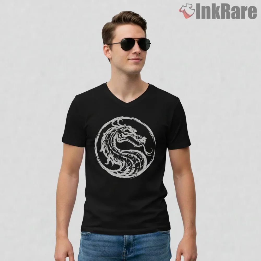 Mortal Kombat Dragon Emblem Minimal Ink Shirt on black v-neck shirt for men graphic tee