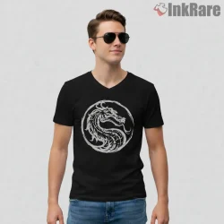 Mortal Kombat Dragon Emblem Minimal Ink Shirt on black v-neck shirt for men graphic tee