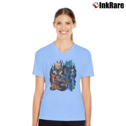 Women’s Mortal Kombat Dragonball Z Vegeta Goku V-Neck Tee in light blue | Chic Neckline, Soft Texture