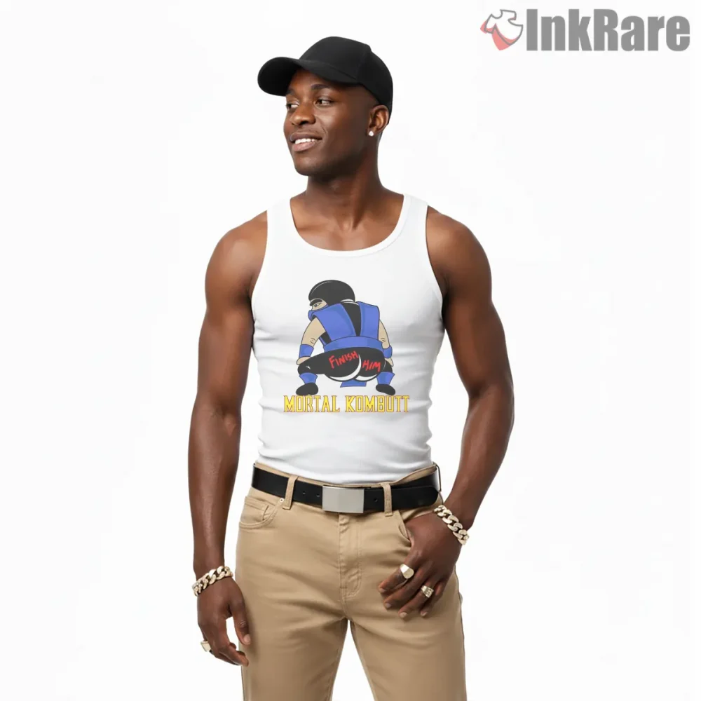 Mortal Kombat Finish Him Parody Funny Butt Shirt on white tank top for men graphic tee