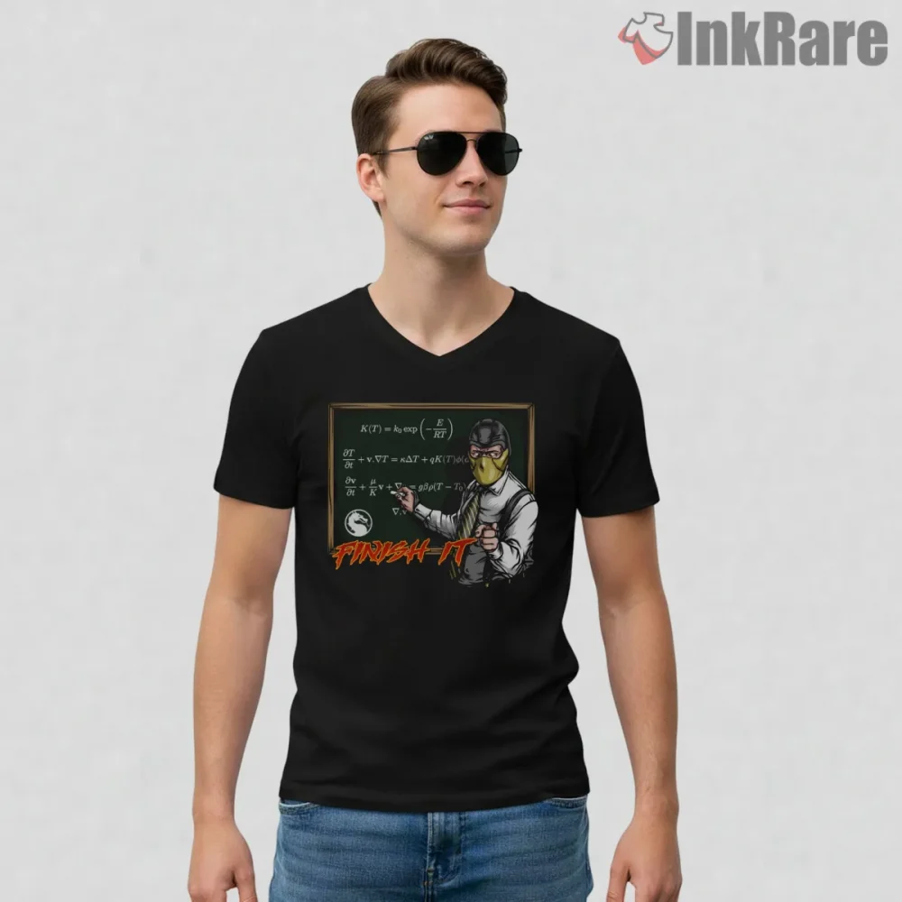 Mortal Kombat Finish It Professor Classroom Parody Shirt on black v-neck shirt for men graphic tee