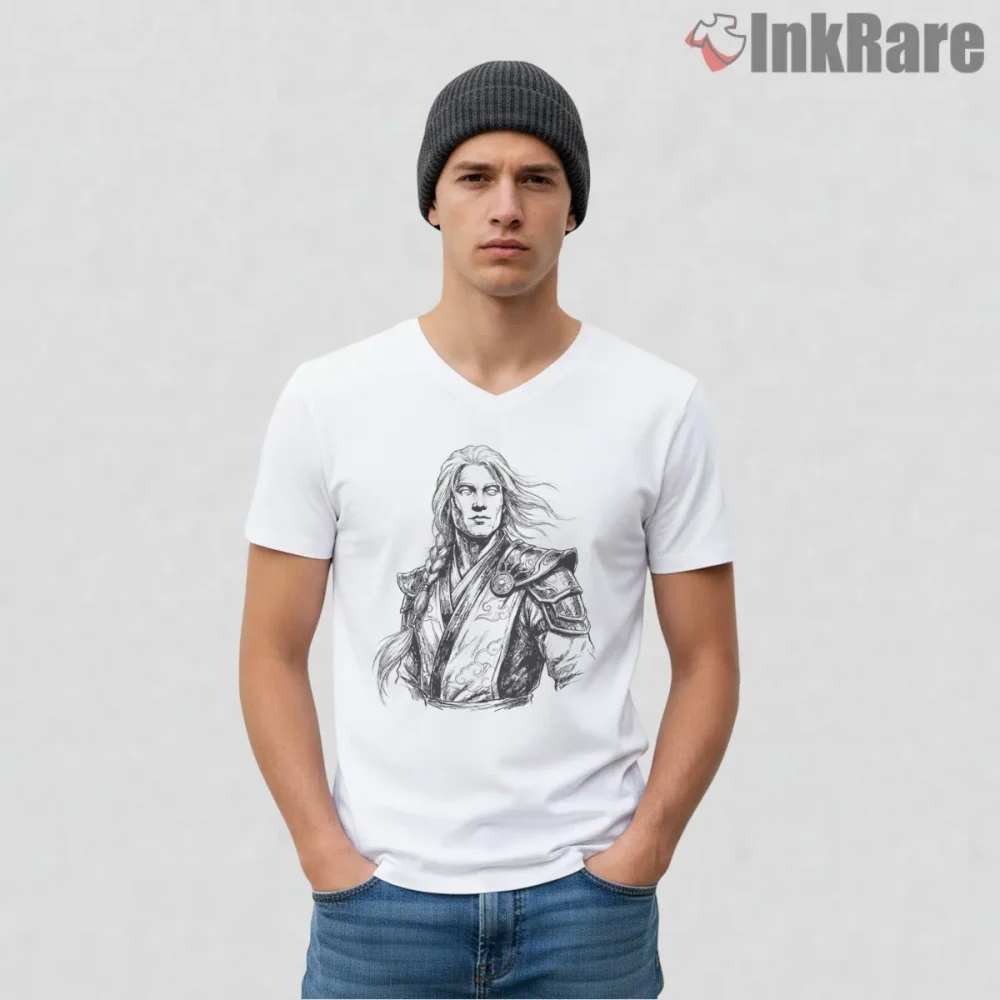 Mortal Kombat Fujin Wind God Detailed Sketch Shirt on white v-neck shirt for men graphic tee