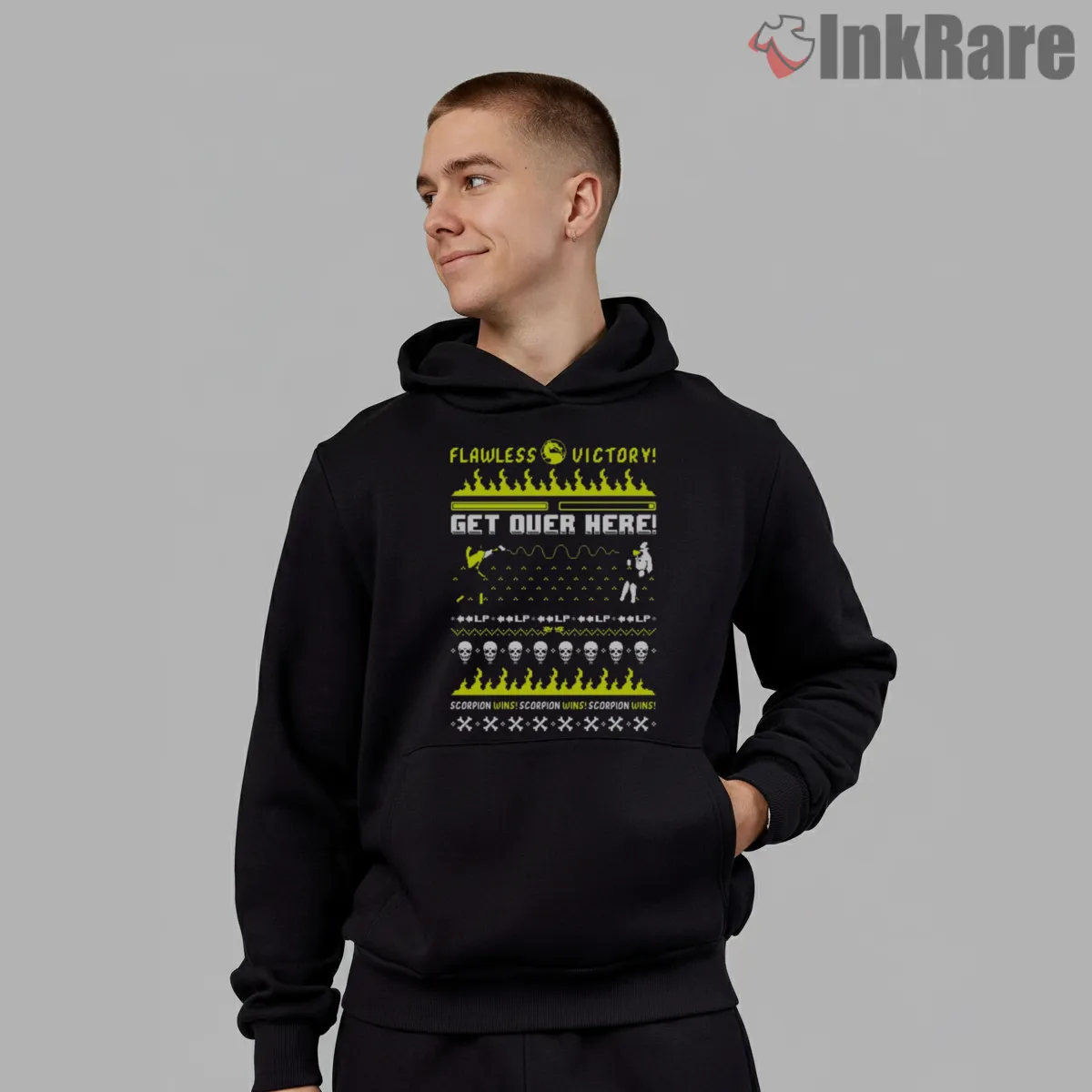 Mortal Kombat Get Over Here Flawless Victory Shirt on black hoodie for men graphic tee
