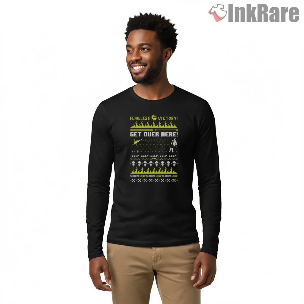 Mortal Kombat Get Over Here Flawless Victory Long Sleeve Black Mortal Kombat Get Over Here Flawless Victory Shirt on black long sleeve shirt for men graphic tee
