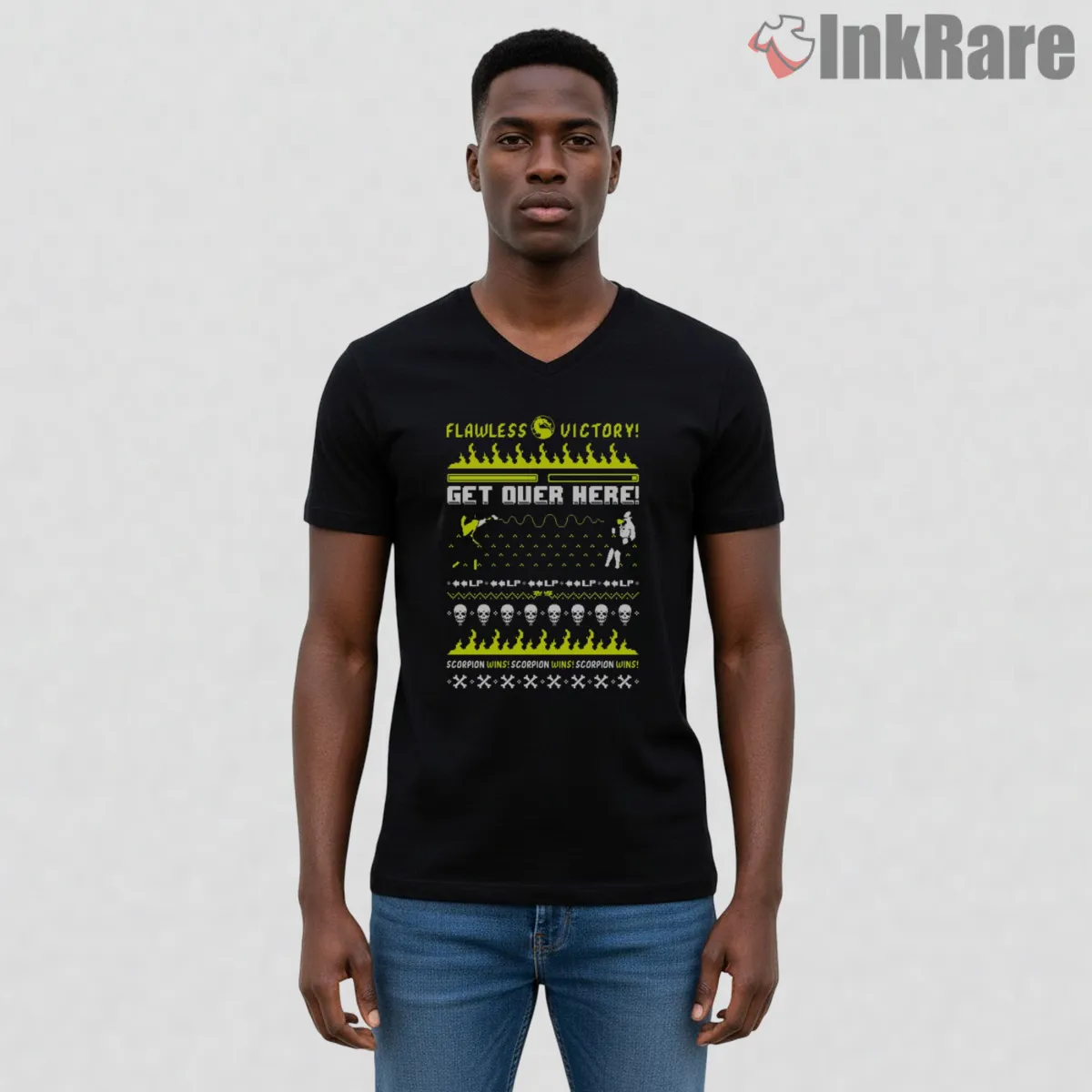 Mortal Kombat Get Over Here Flawless Victory V Neck Black Mortal Kombat Get Over Here Flawless Victory Shirt on black v-neck shirt for men graphic tee