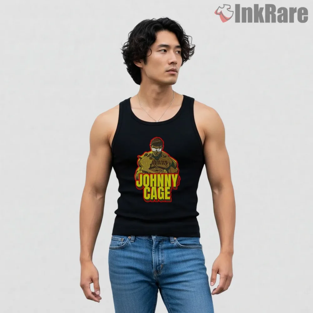 Mortal Kombat Johnny Cage Bold Logo Action Shirt on black tank top for men graphic tee