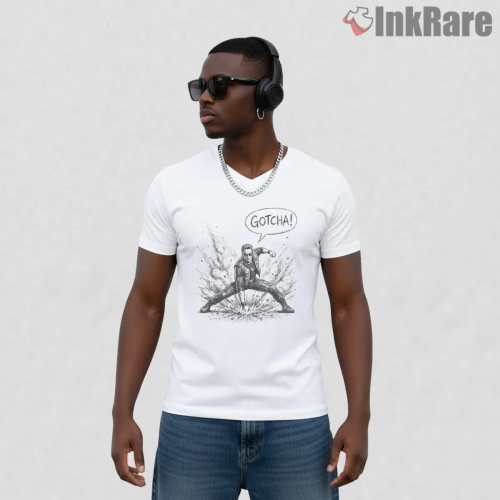 Mortal Kombat Johnny Cage Nut Punch Action Sketch Shirt on white v-neck shirt for men graphic tee