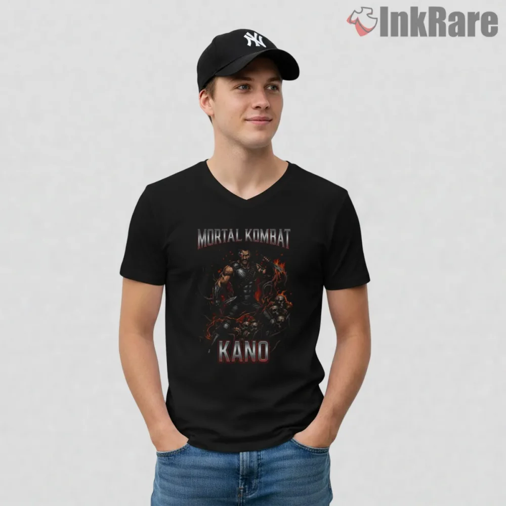Mortal Kombat Kano Brutal Warrior Skull Shirt on black v-neck shirt for men graphic tee