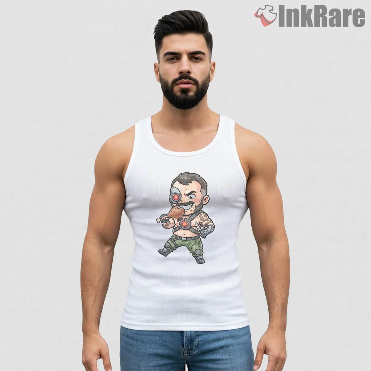 Mortal Kombat Kano Chibi Cyber Mercenary Tank Top White Mortal Kombat Kano Chibi Cyber Mercenary Shirt on white tank top for men graphic tee