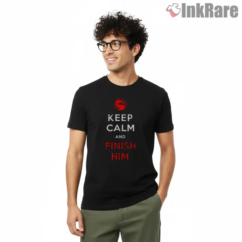 Mortal Kombat Keep Calm Finish Him Minimal Shirt on black short sleeve shirt for men graphic tee