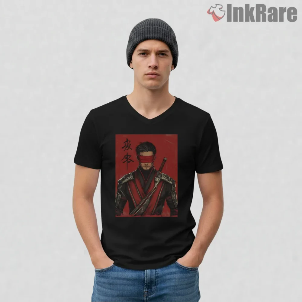 Mortal Kombat Kenshi Blind Samurai Red Portrait Shirt on black v-neck shirt for men graphic tee
