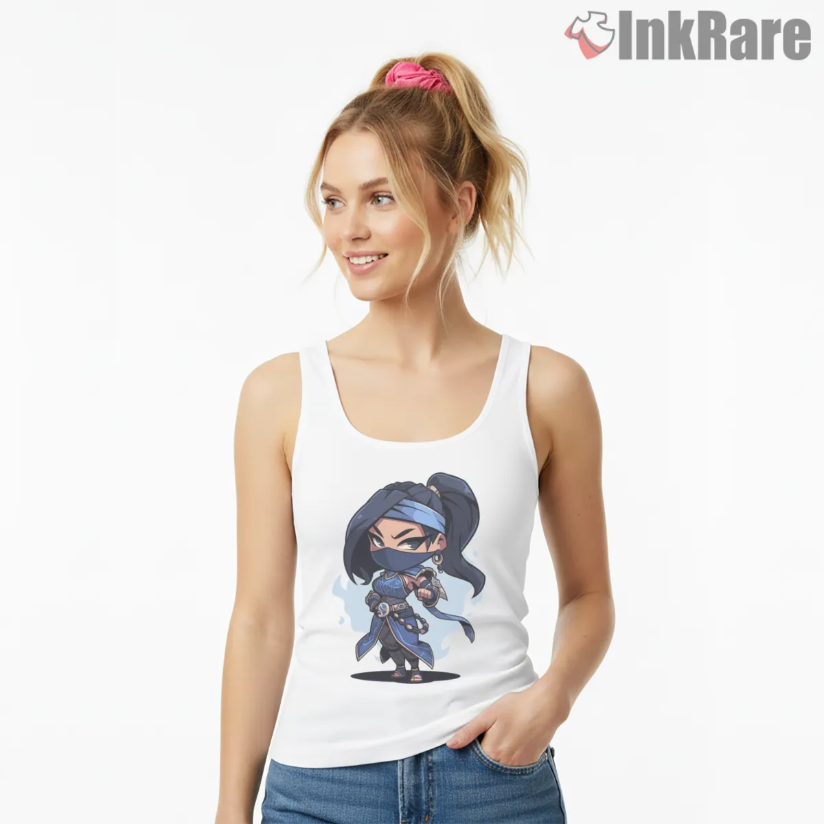 Mortal Kombat Kitana Chibi Blue Assassin Tank Top White Mortal Kombat Kitana Chibi Blue Assassin Shirt on white tank top for women graphic tee