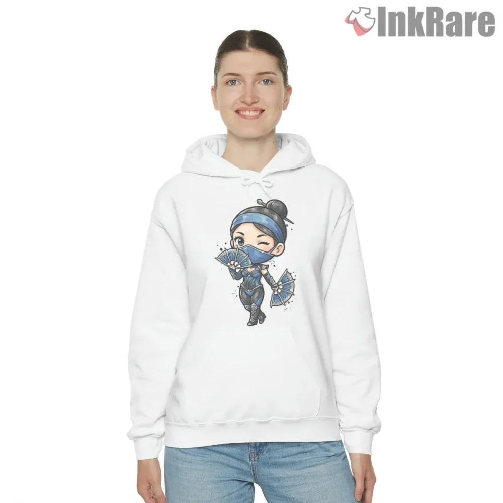 Mortal Kombat Kitana Chibi Fan Warrior Shirt on white hoodie for women graphic tee